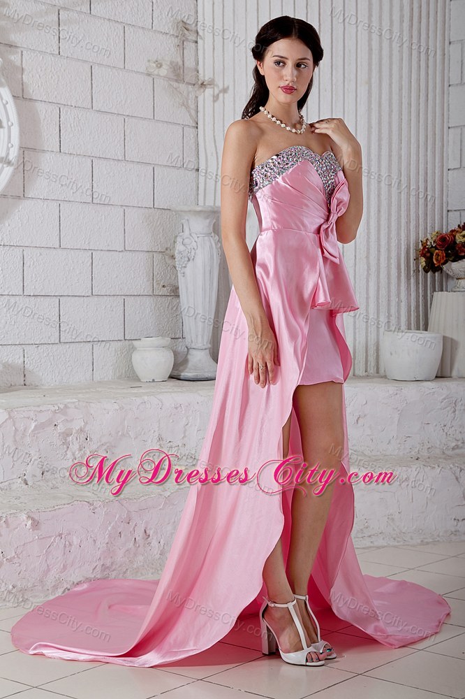 Pink Beading Sweetheart High-low Taffeta Prom Dress with Bowknot