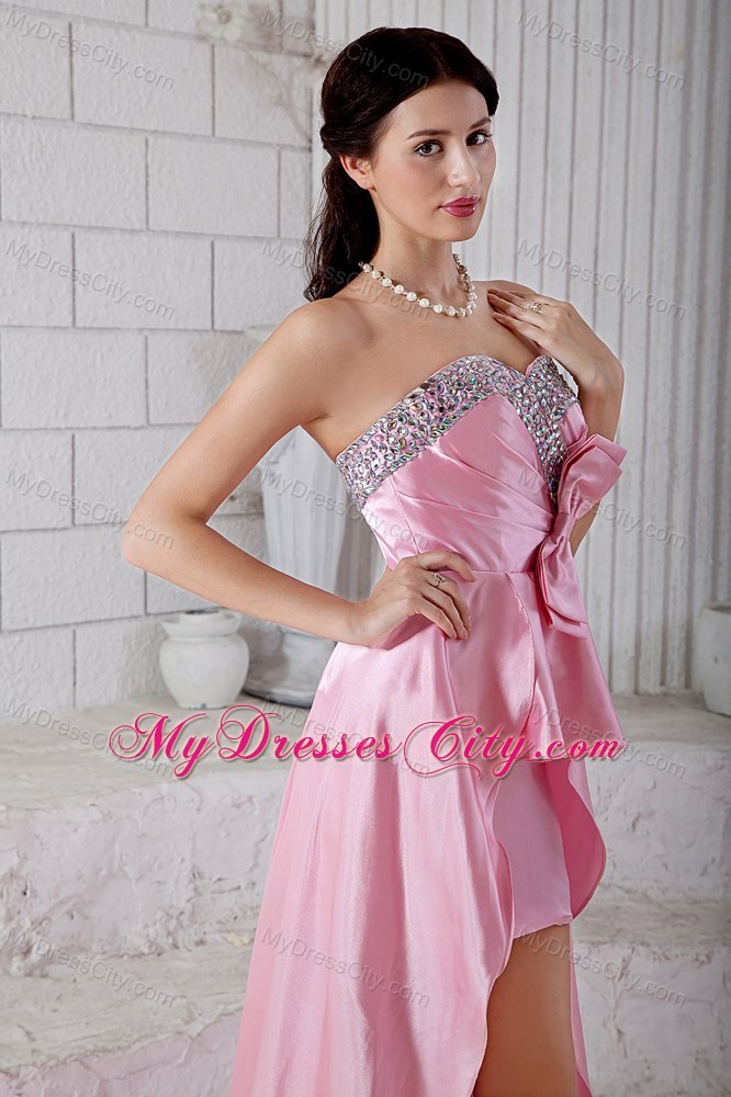 Pink Beading Sweetheart High-low Taffeta Prom Dress with Bowknot