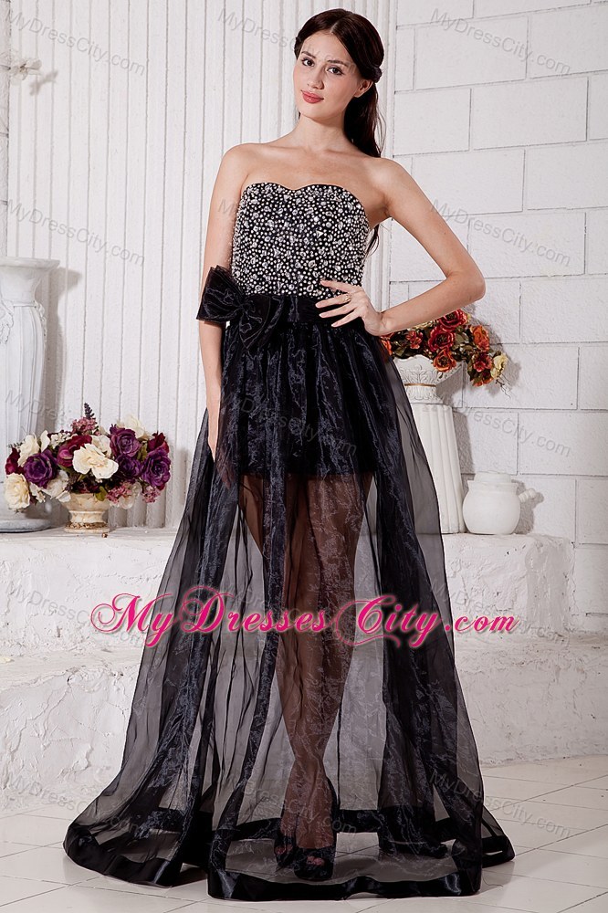 Sweetheart Organza Beading Black Prom Dress with Brush Train