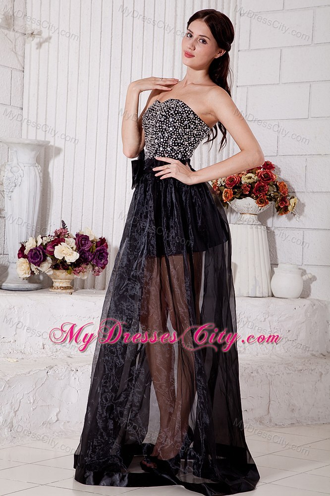 Sweetheart Organza Beading Black Prom Dress with Brush Train