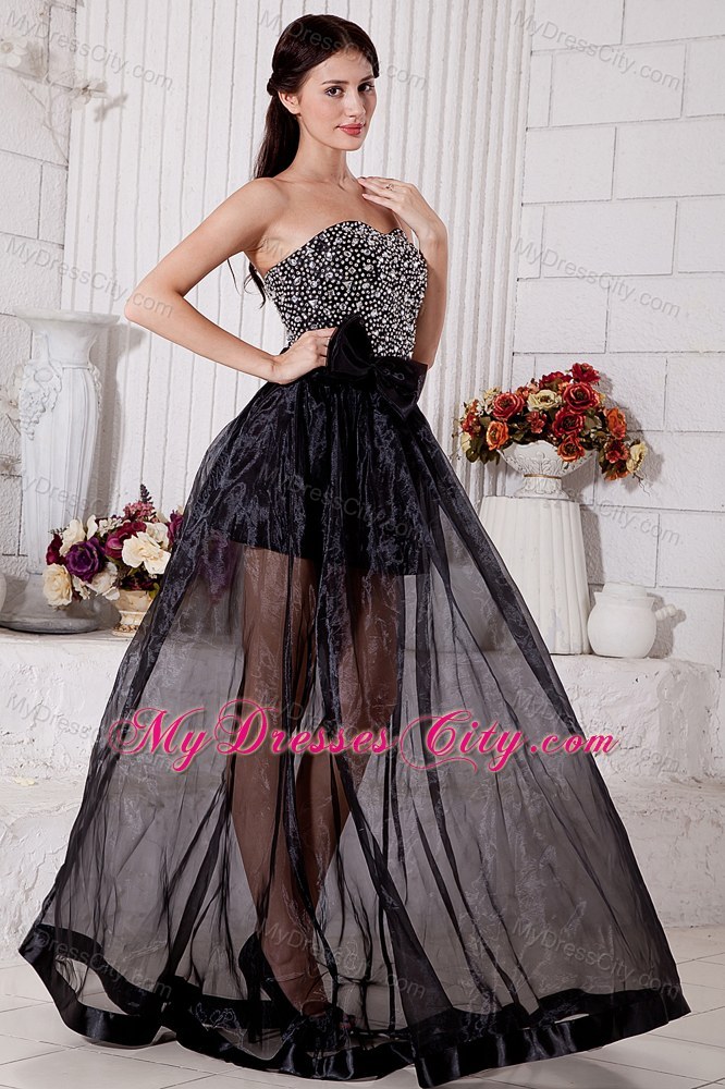 Sweetheart Organza Beading Black Prom Dress with Brush Train