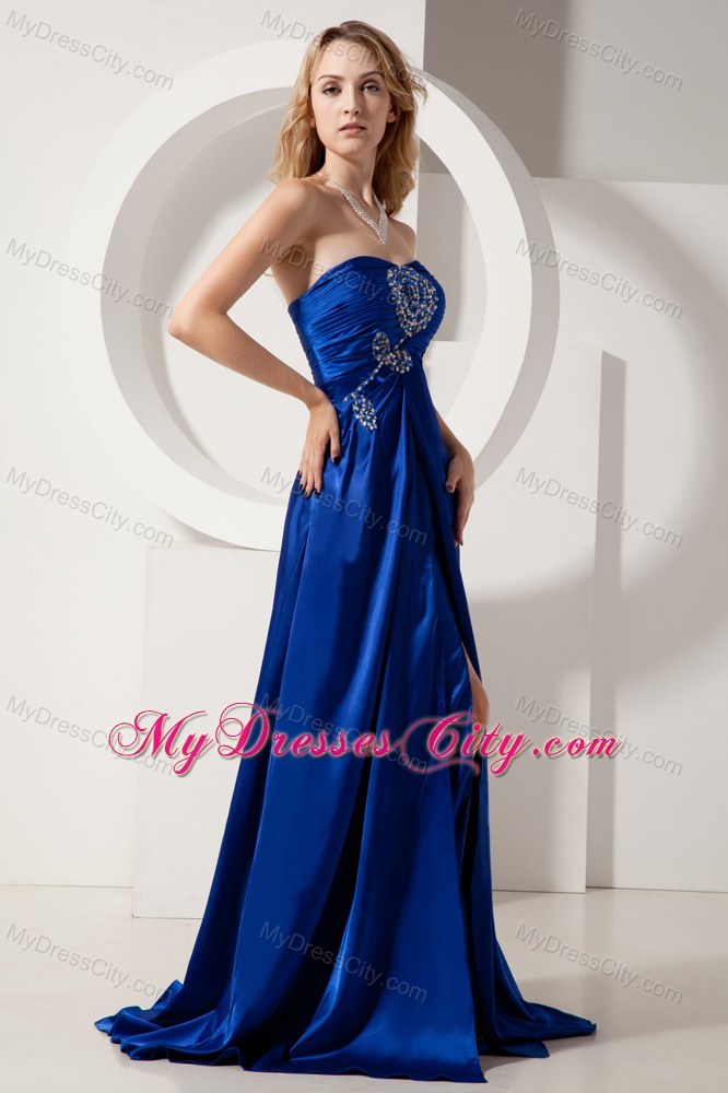 Royal Blue Brush Train Strapless Prom Dress in Elastic Wove Satin