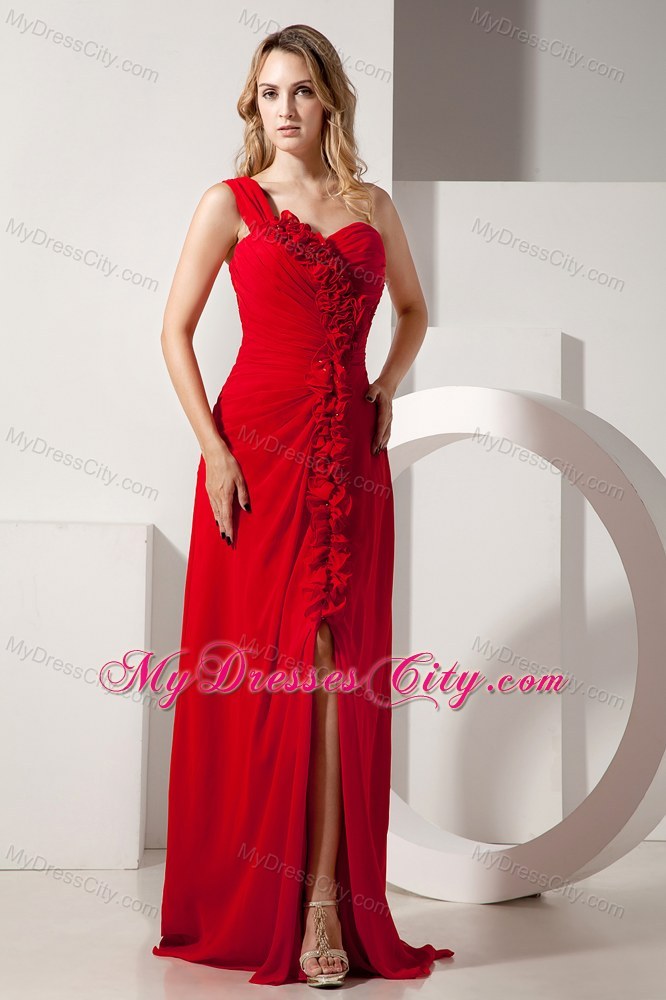 Red Empire Chiffon One Shoulder Hand Made Flowers Prom Dress