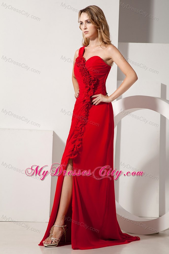 Red Empire Chiffon One Shoulder Hand Made Flowers Prom Dress