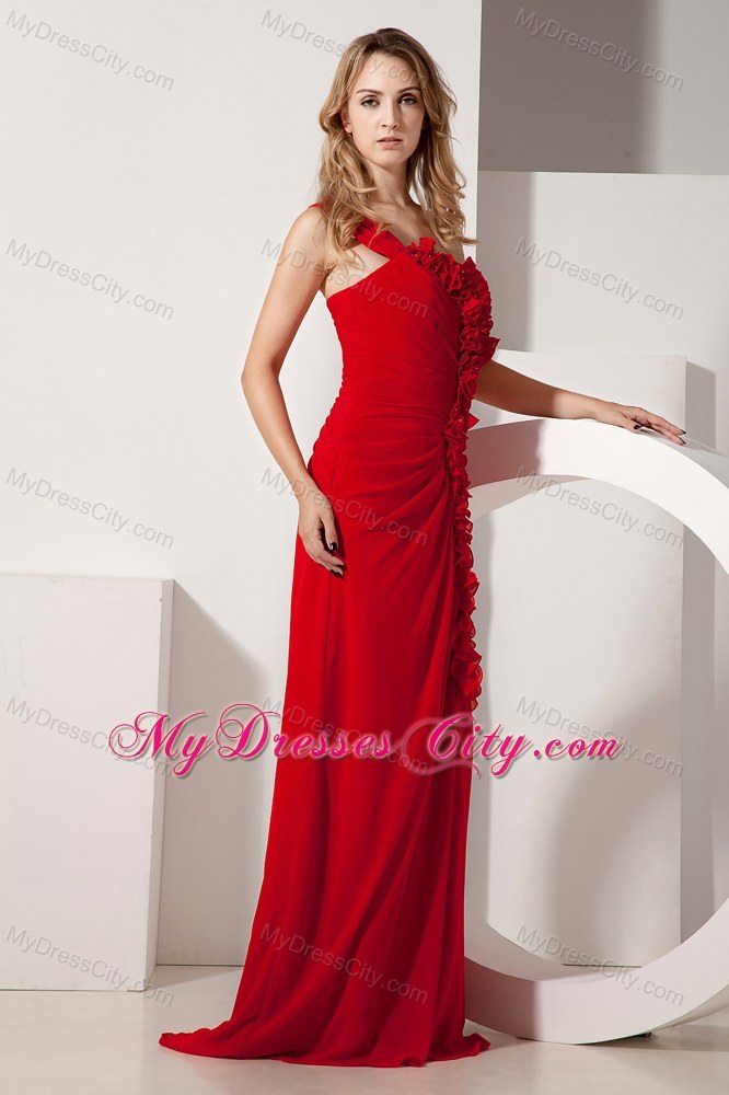 Red Empire Chiffon One Shoulder Hand Made Flowers Prom Dress