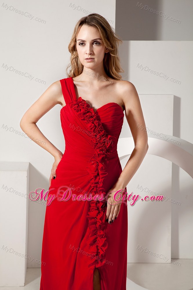 Red Empire Chiffon One Shoulder Hand Made Flowers Prom Dress