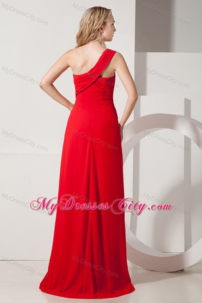 Red Empire Chiffon One Shoulder Hand Made Flowers Prom Dress