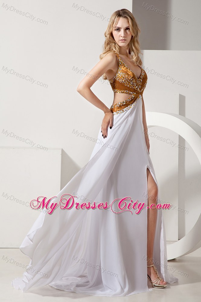 White Brush Train Beaded Prom Dress with Beaded Gold Corset