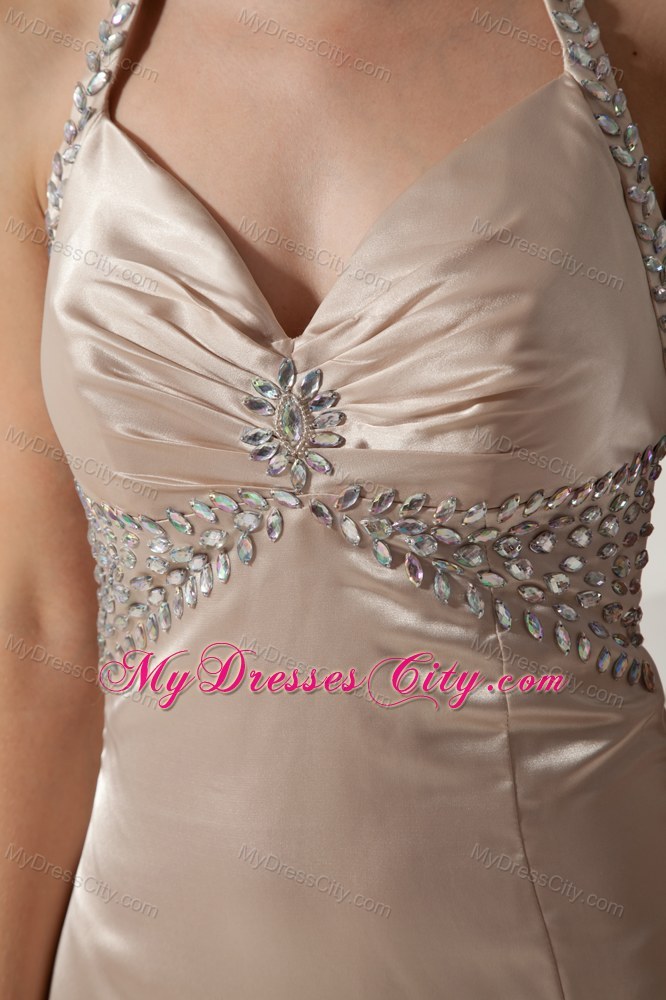 Champagne Court Train Elastic Wove Satin Beaded Prom Dress