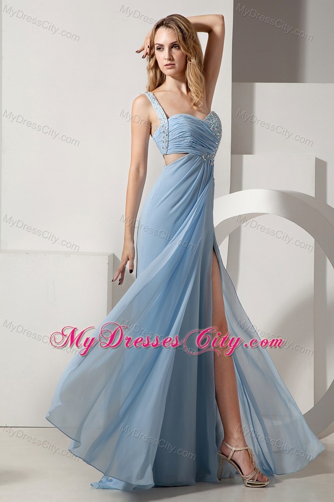 Light Blue One Shoulder Beaded and Ruched Bust Dress for Prom