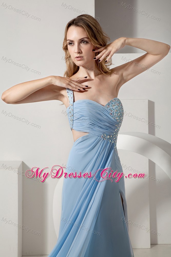 Light Blue One Shoulder Beaded and Ruched Bust Dress for Prom