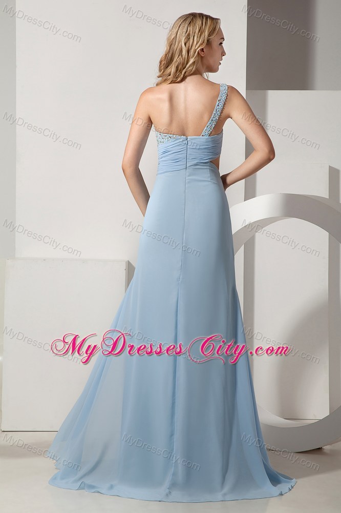 Light Blue One Shoulder Beaded and Ruched Bust Dress for Prom