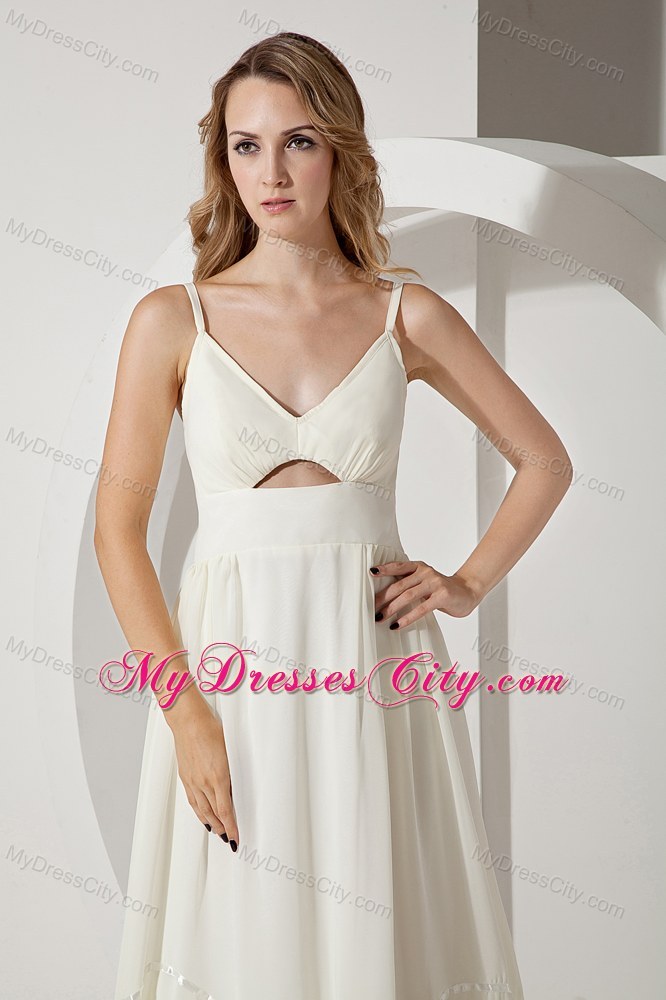 White Brush Train Empire Straps Prom Dress with Stomach Cutout