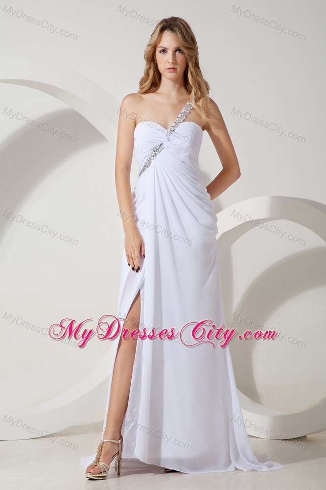 White Chiffon One Shoulder Beaded Prom Dress with Brush Train