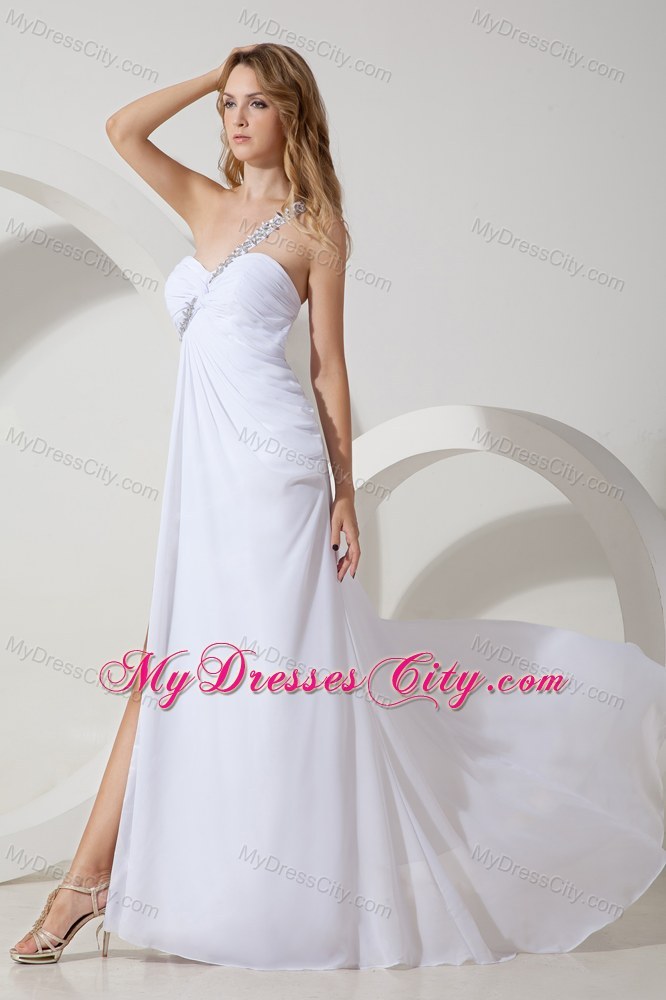 White Chiffon One Shoulder Beaded Prom Dress with Brush Train