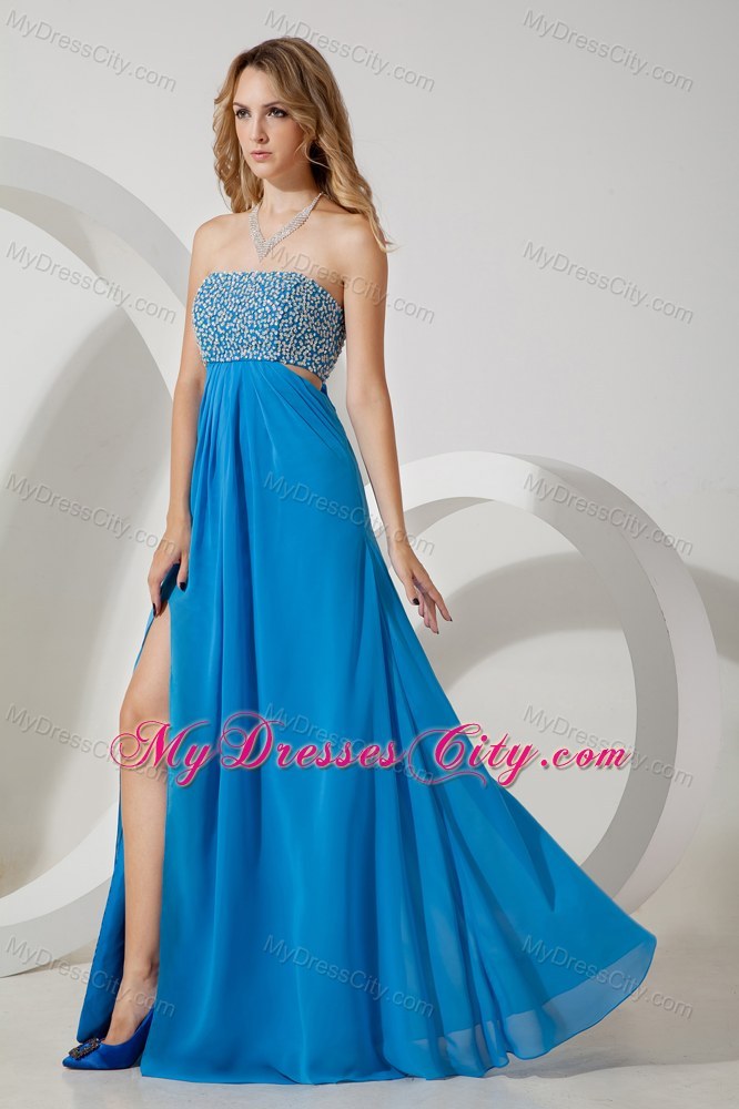 Empire Strapless Sky Blue High Slit Beaded Bust Prom Dress