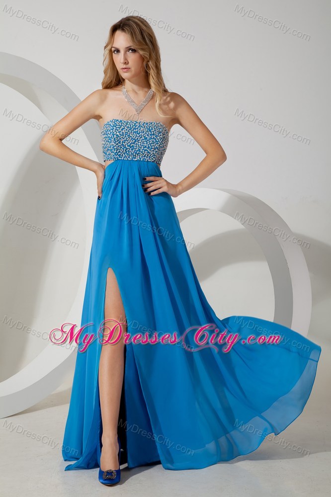 Empire Strapless Sky Blue High Slit Beaded Bust Prom Dress