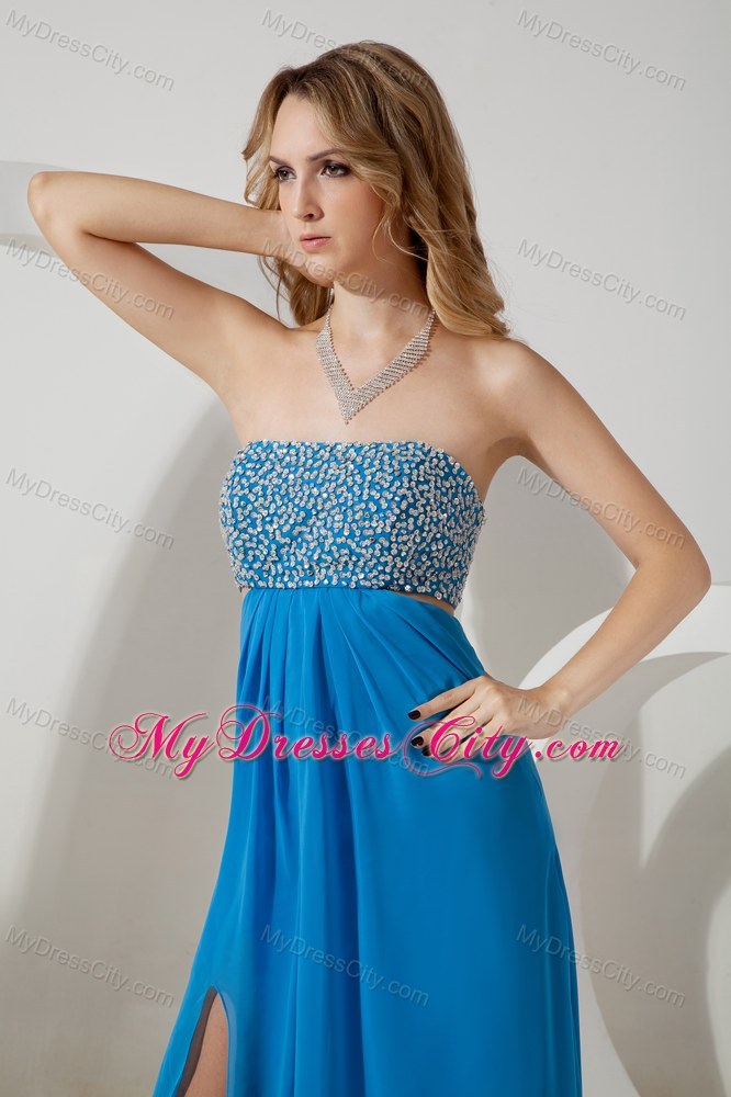 Empire Strapless Sky Blue High Slit Beaded Bust Prom Dress