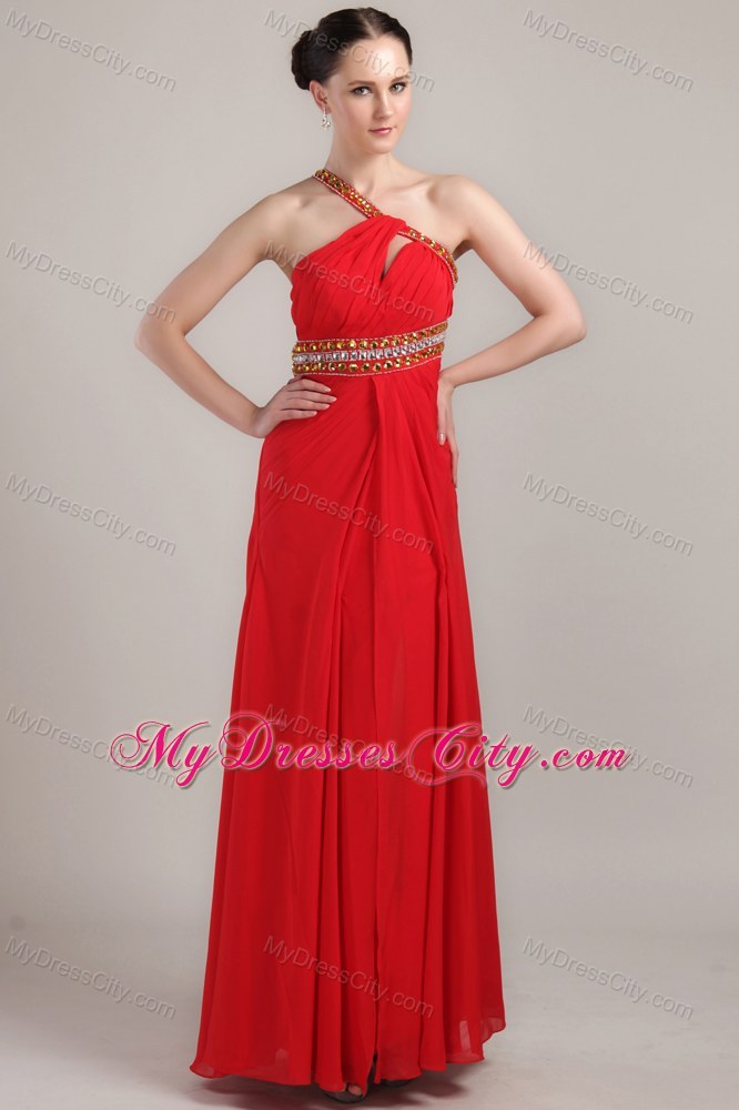 Empire Red One Shoulder Prom Maxi Dress with Beading