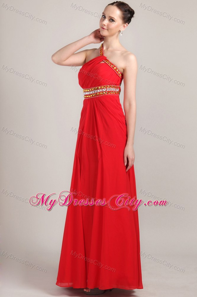 Empire Red One Shoulder Prom Maxi Dress with Beading