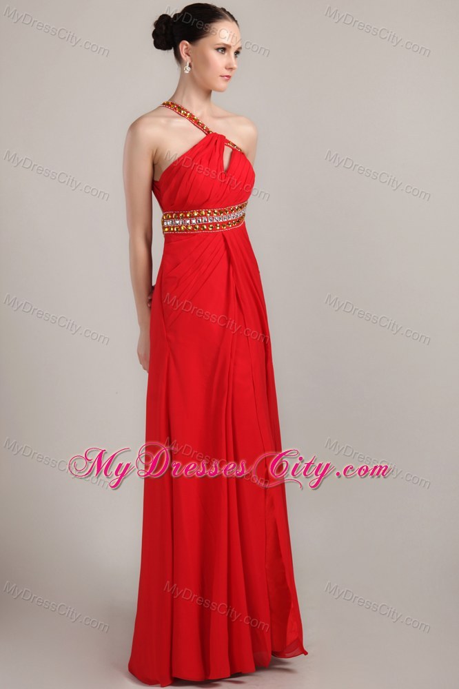 Empire Red One Shoulder Prom Maxi Dress with Beading