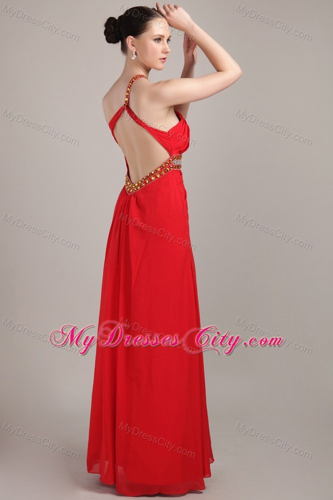 Empire Red One Shoulder Prom Maxi Dress with Beading