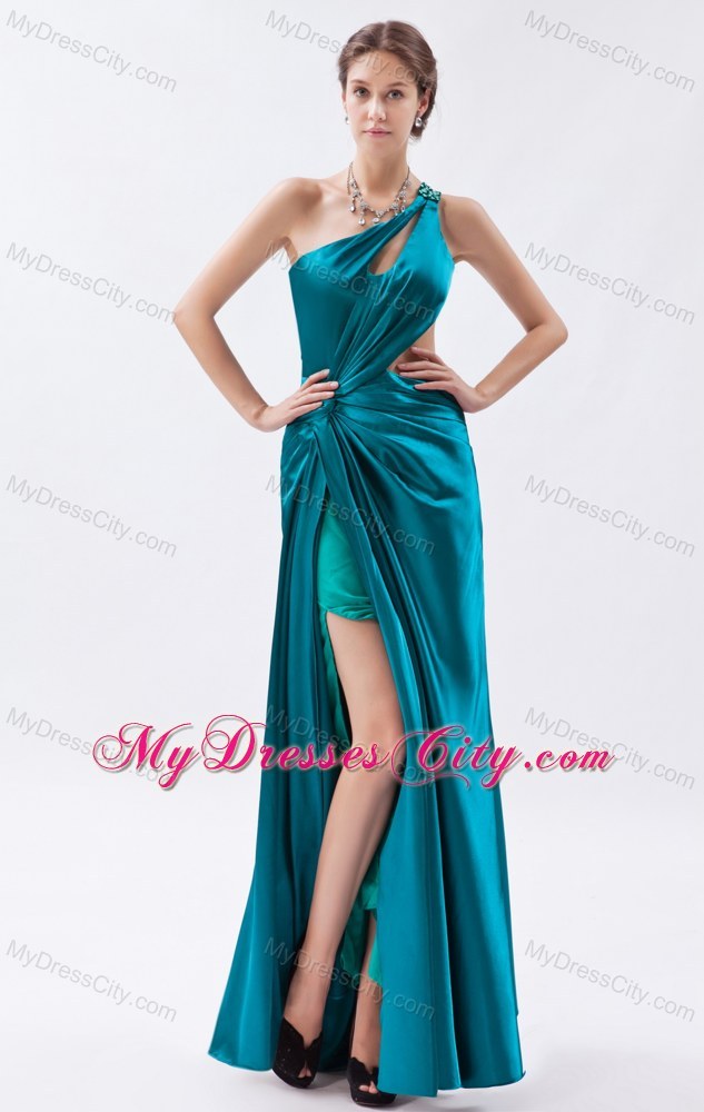 One Shoulder Teal Slit Ruched Prom Formal Dress