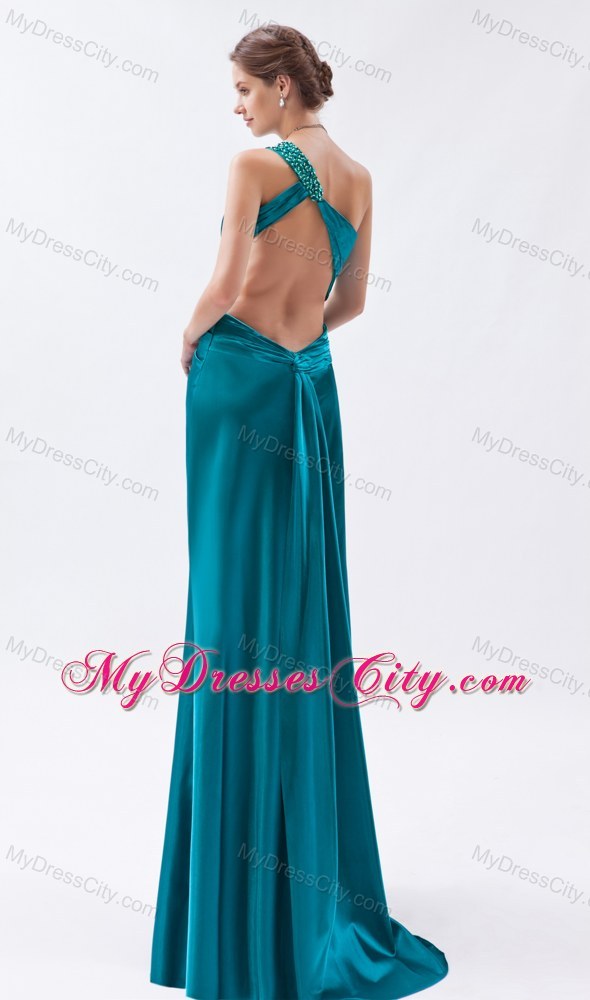 One Shoulder Teal Slit Ruched Prom Formal Dress