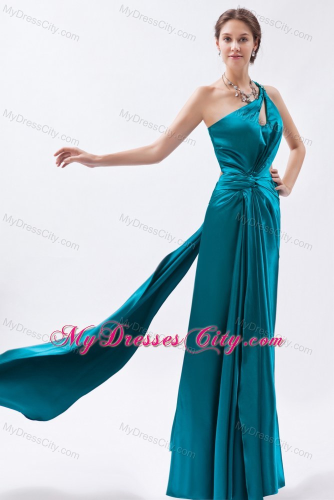 One Shoulder Teal Slit Ruched Prom Formal Dress