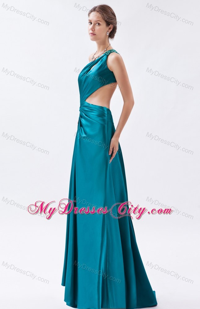 One Shoulder Teal Slit Ruched Prom Formal Dress