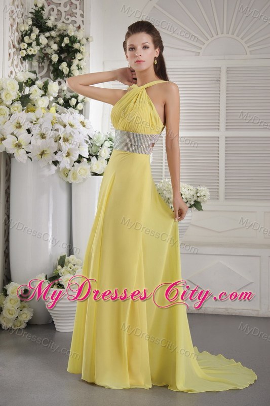 Slinky Yellow Chiffon Beading and Ruches Halter Prom Dress