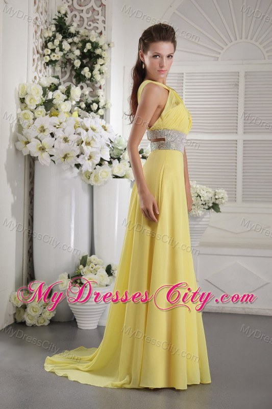 Slinky Yellow Chiffon Beading and Ruches Halter Prom Dress