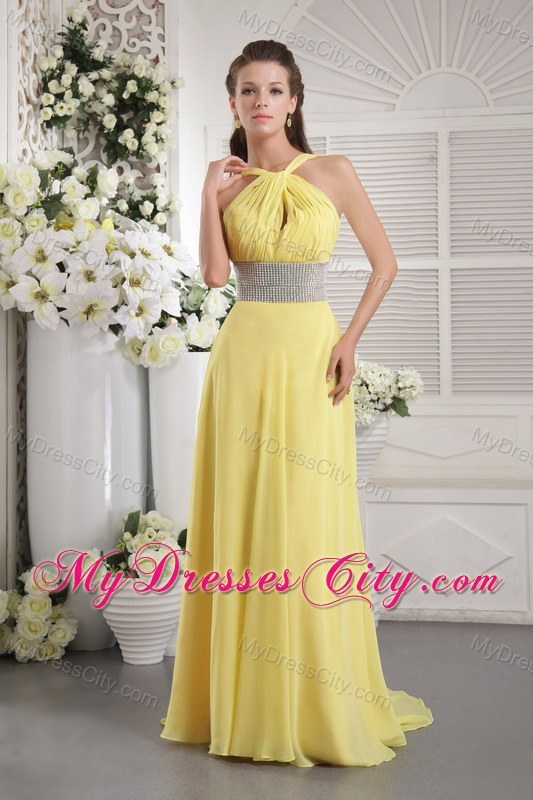 Slinky Yellow Chiffon Beading and Ruches Halter Prom Dress