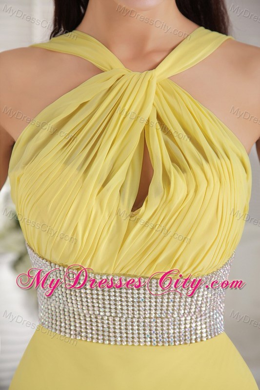 Slinky Yellow Chiffon Beading and Ruches Halter Prom Dress