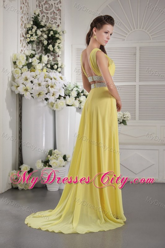 Slinky Yellow Chiffon Beading and Ruches Halter Prom Dress