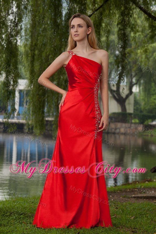 Red One Shoulder Taffeta Prom Evening Dress Beaded