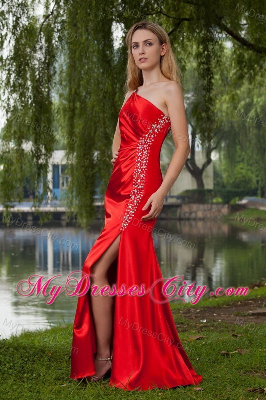 Red One Shoulder Taffeta Prom Evening Dress Beaded