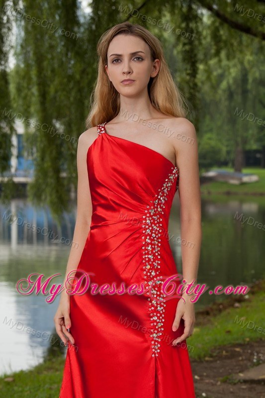 Red One Shoulder Taffeta Prom Evening Dress Beaded