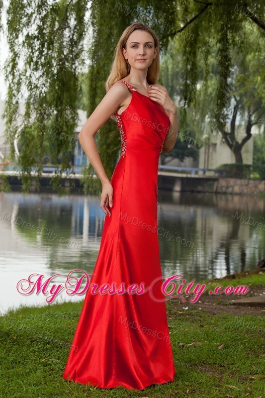 Red One Shoulder Taffeta Prom Evening Dress Beaded