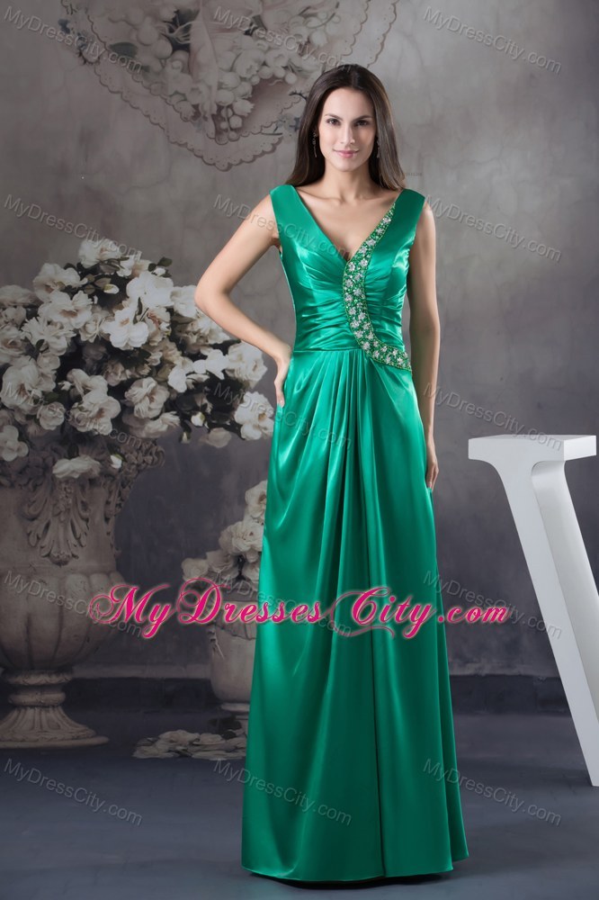 2013 Beading V-neck Green long Column Prom Dress