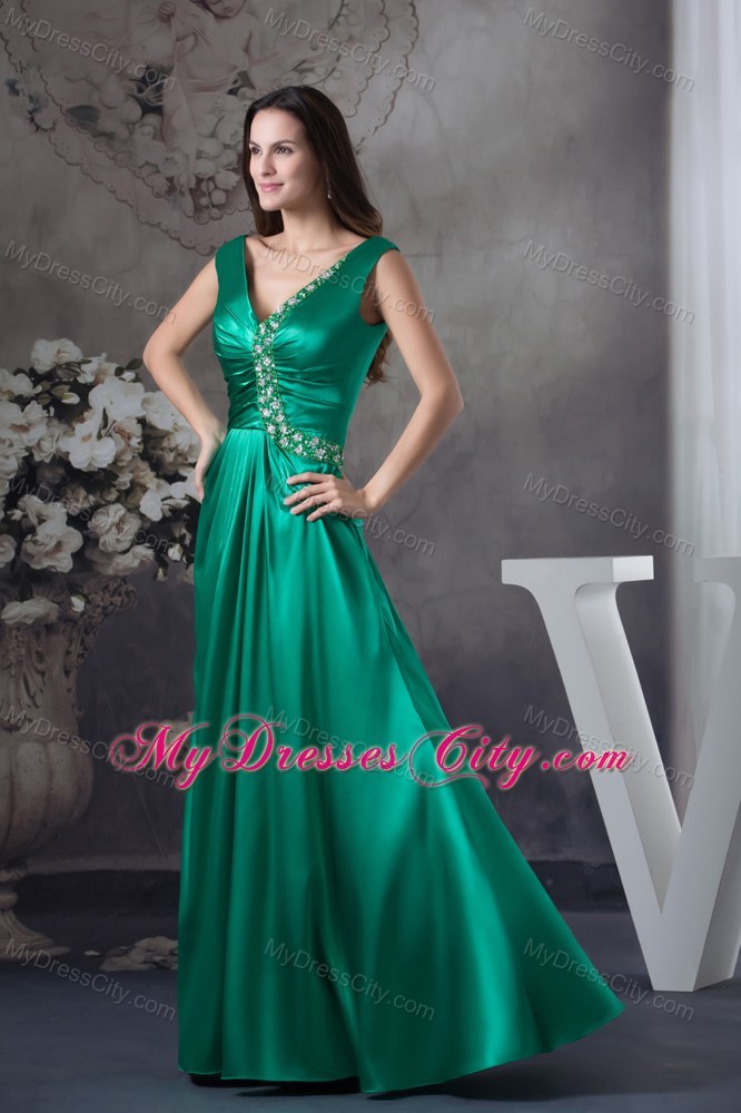 2013 Beading V-neck Green long Column Prom Dress