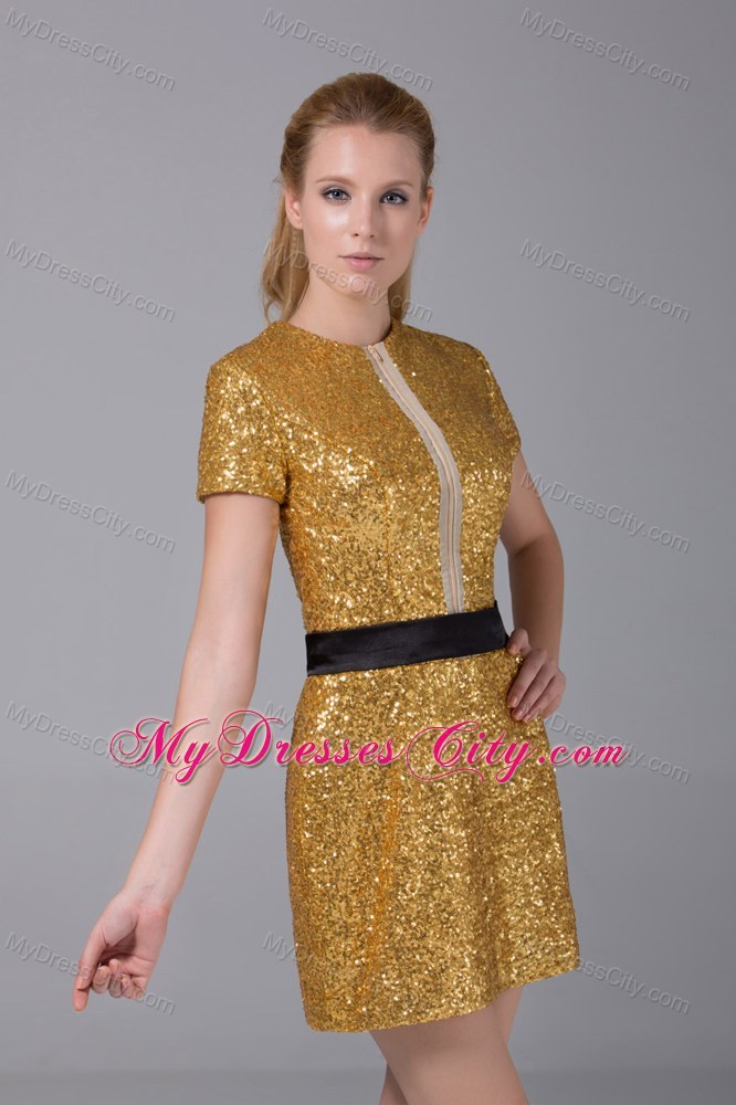 Short Scoop Short Sleeves Sequined Prom Mother Dress