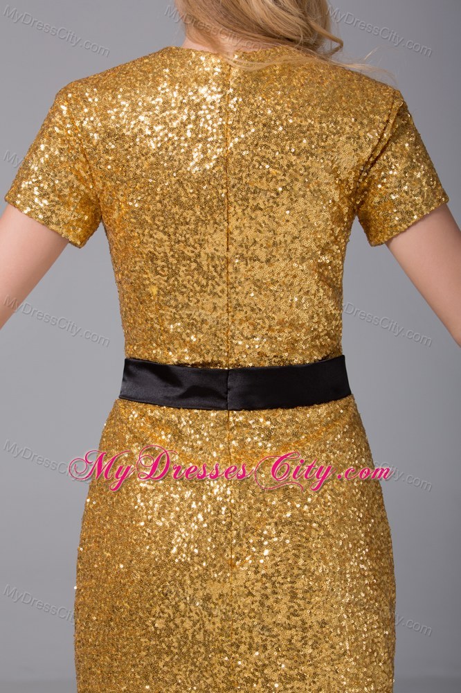 Short Scoop Short Sleeves Sequined Prom Mother Dress