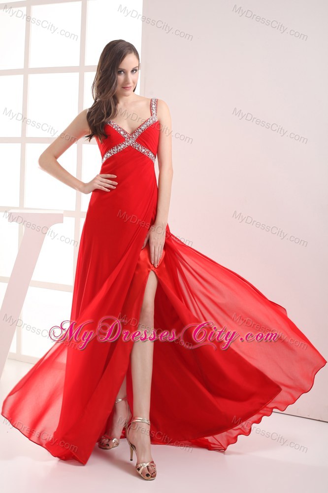 Red Straps Empire Beaded Long Prom Dress with High Slit