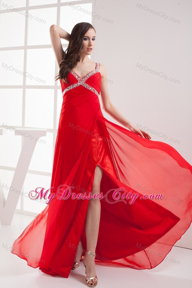 Red Straps Empire Beaded Long Prom Dress with High Slit