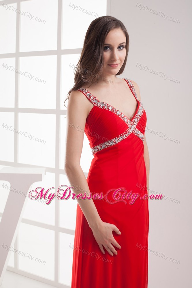 Red Straps Empire Beaded Long Prom Dress with High Slit