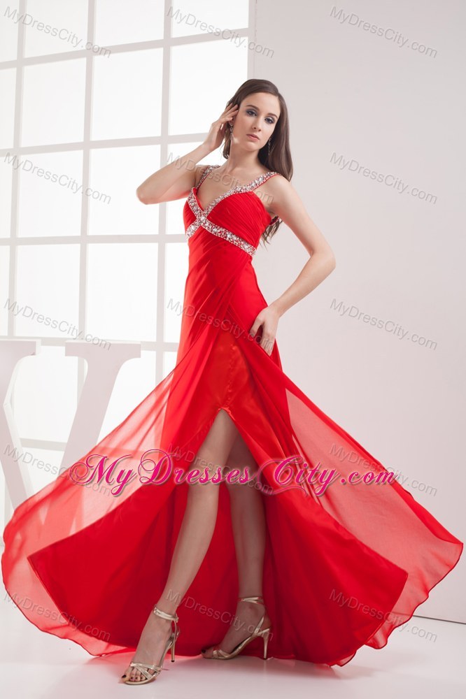 Red Straps Empire Beaded Long Prom Dress with High Slit