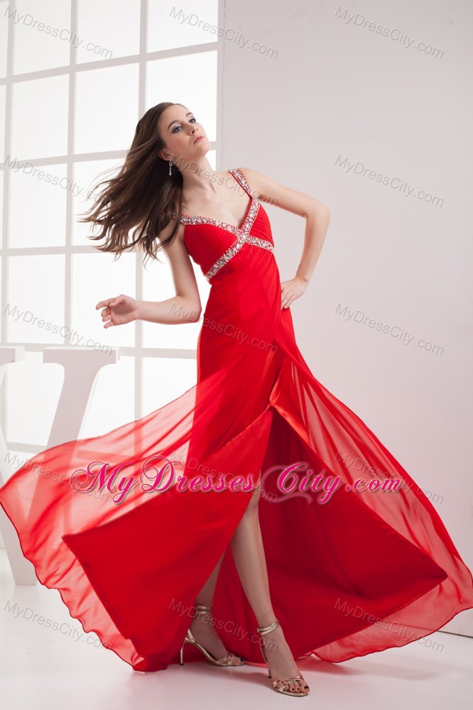 Red Straps Empire Beaded Long Prom Dress with High Slit