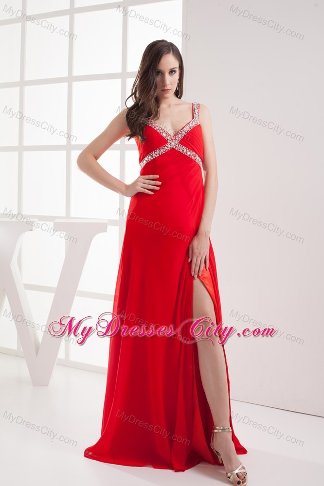 Red Straps Empire Beaded Long Prom Dress with High Slit