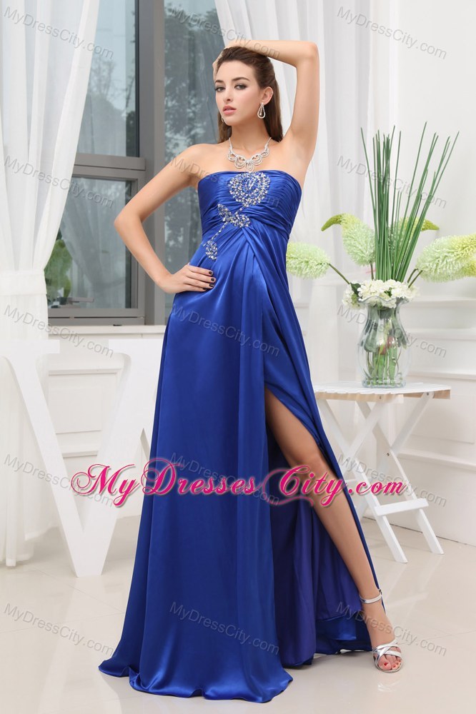 Blue Elastic Woven Satin Beaded Slit Prom Dress